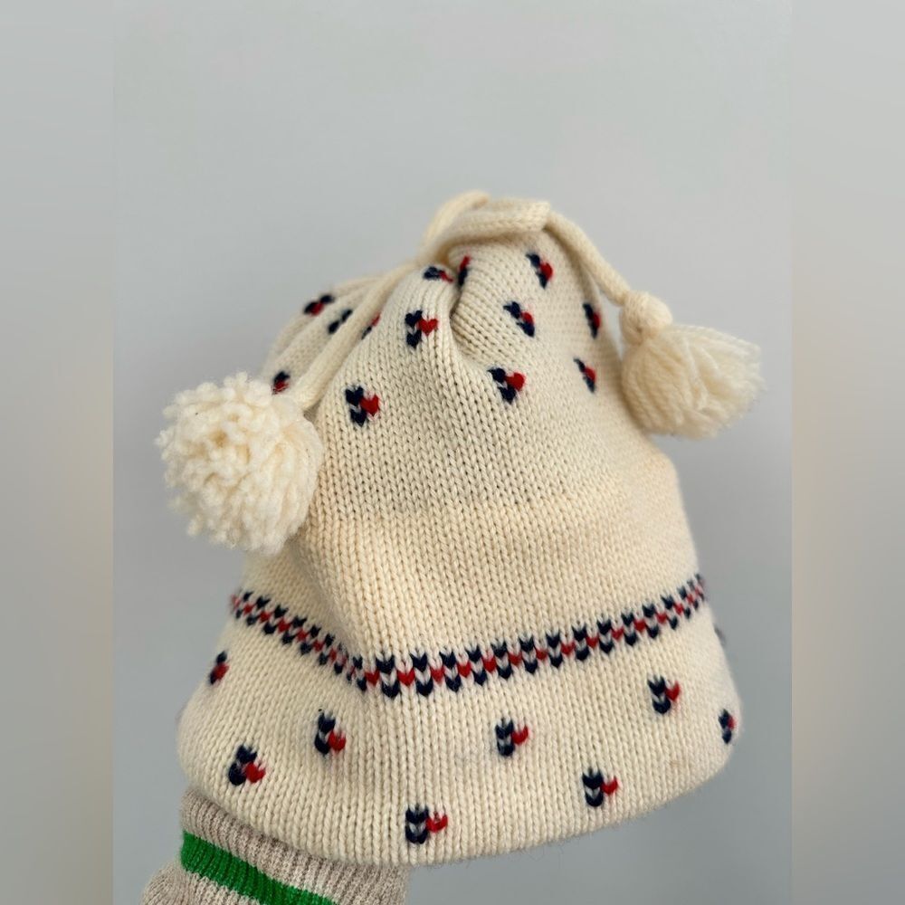 Vintage 70’s Mad Hatter Cream Fair Isle 100% Wool Knit Bobble End Beanie